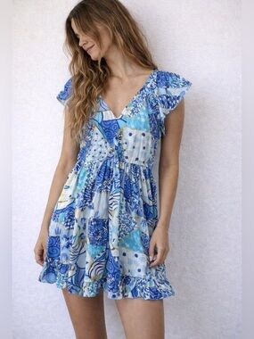 Maude Vivante Blue Patchwork Flutter Sleeve Dress‎ Medium Coastal Boho Resort